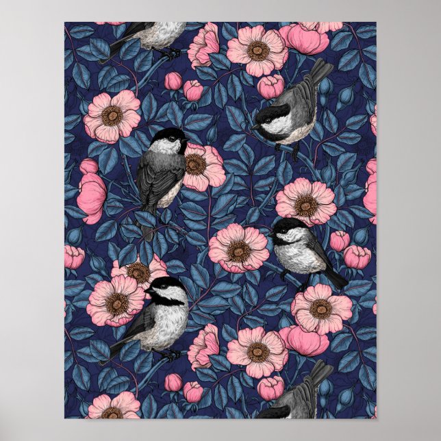 Poster Les poulets dans le rose sauvage en rose et bleu (Devant)
