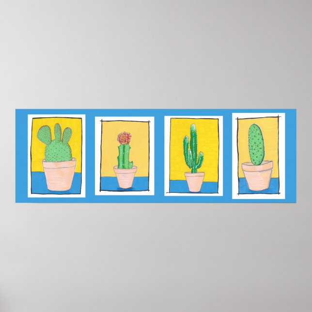 Poster Les quatre cactus. Art moderne simple. Dessin de c (Devant)