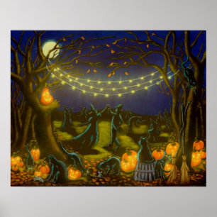Poster Les sorcières d'Halloween dansent au clair de lune