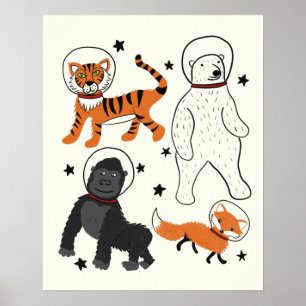 Poster L'espace est l'illustration d'astronautes animaux