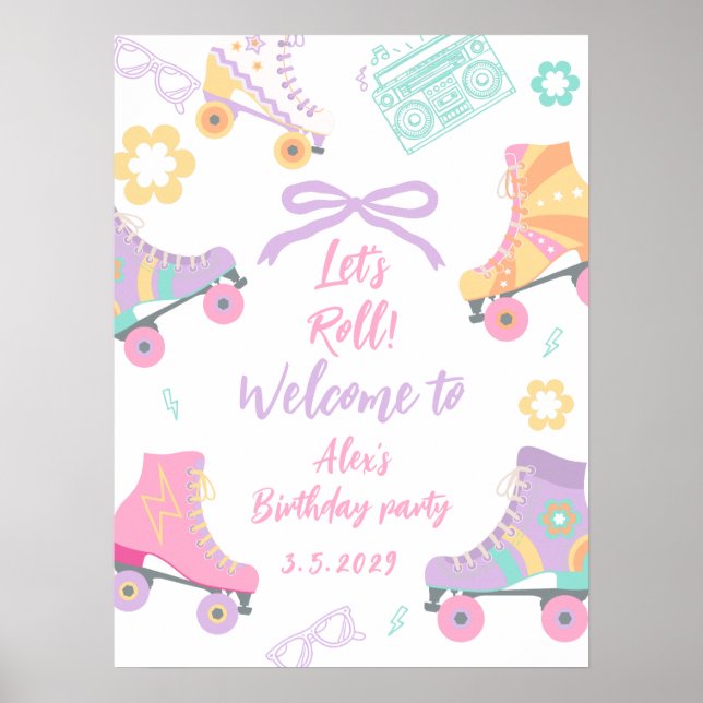 Poster Lets Roll Roller Skate Girl Birthday Welcome (Devant)