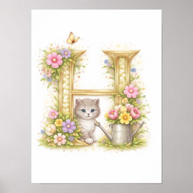 Poster Letter H Gold Spring Nature Monogram Kitten Kids  (Devant)