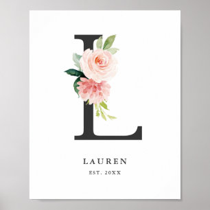 Poster Letter L Monogram Watercolor Peach Florals Nursery