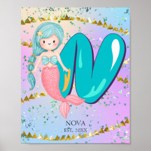 Poster Letter N Monogram Watercolor Cute Mermaid Nursery