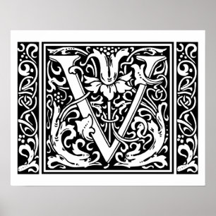 Poster Letter V Medieval Monogram Vintage Initial