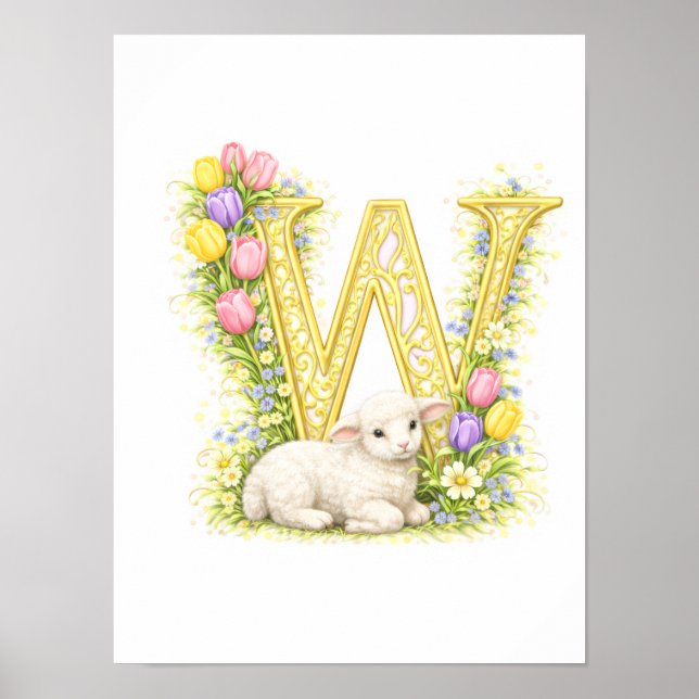 Poster Letter W Gold Spring Nature Monogram Baby Lamb Kid (Devant)