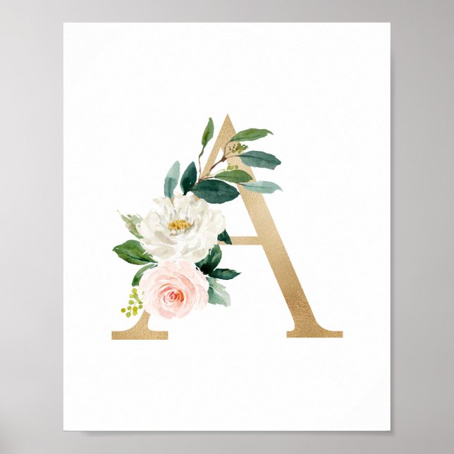 Poster Lettre A Blush Floral Monogramme Faux Gold Foil (Devant)
