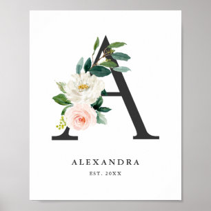 Poster Lettre A Monogramme Peach Florals Nursery