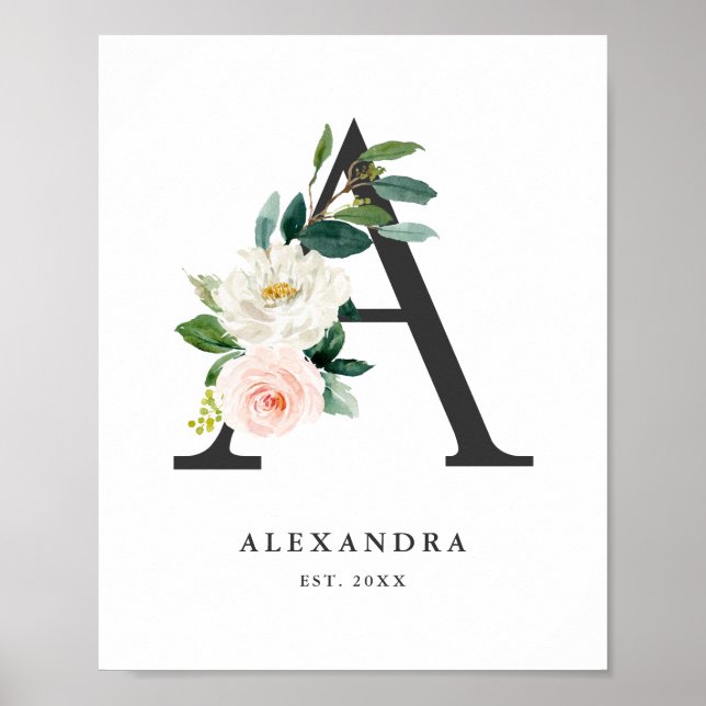 Poster Lettre A Monogramme Peach Florals Nursery (Devant)