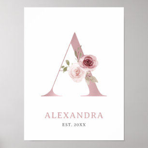 Poster Lettre A Monogramme Rose d'aquarelle Florals Nurse