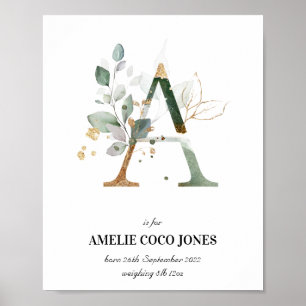 Poster Lettre A Nouveau Monogramme Naissance Imprimé Vert
