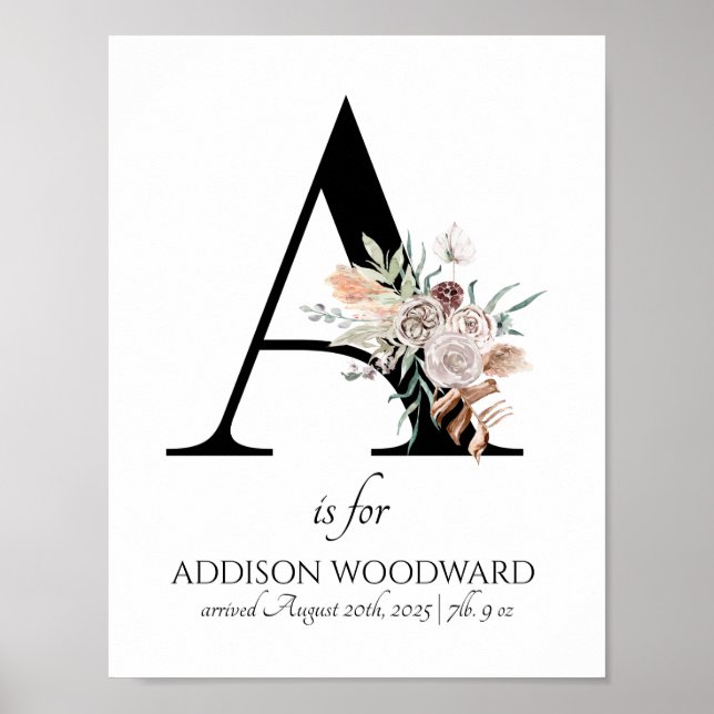 Poster Lettre A Nouveau-Né Floral Monogramme Naissance (Devant)