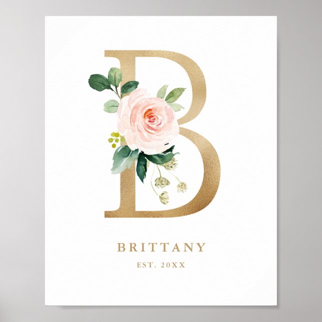 Poster Lettre B Blush Floral Monogram Gold Foil Nursery (Devant)