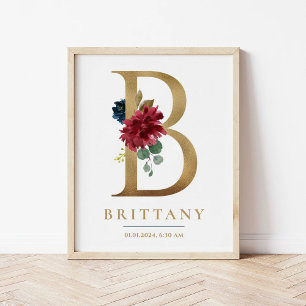 Poster Lettre B Monogramme Nom Marsala Floral Nursery