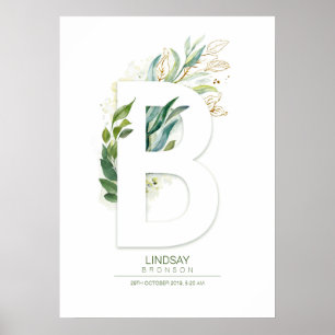 Poster Lettre B Monogramme Or Vert Feuillage Chic