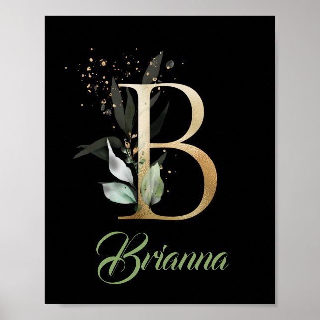 Poster Lettre B monogramme verdure eucalyptus or noir (Devant)