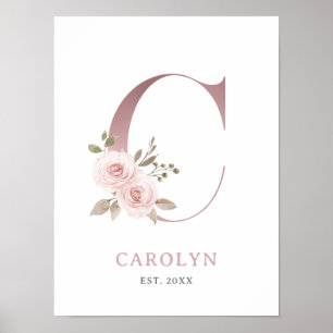Poster Lettre C Monogramme Aquarelle Rose Florals Nursery