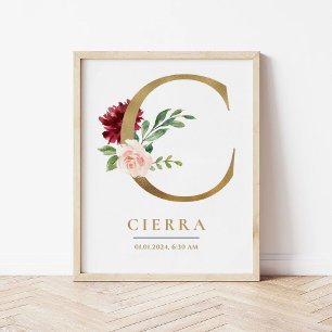Poster Lettre C Nom du monogramme Marsala Floral Nursery