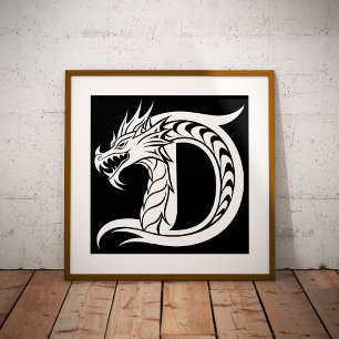 Poster Lettre D de style dragon, alphabet dragon, monogra