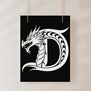 Poster Lettre D de style dragon, alphabet du dragon, mono