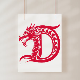 Poster Lettre D de style dragon, alphabet du dragon, mono