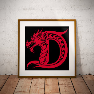 Poster Lettre D de style dragon, alphabet du dragon, mono