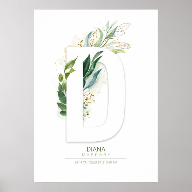 Poster Lettre D Monogramme Or Vert Feuillage Chic (Devant)