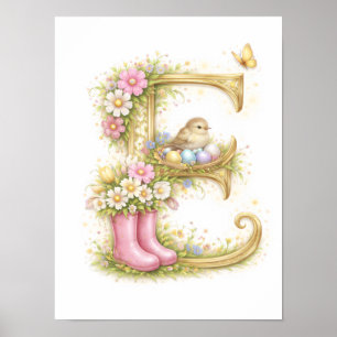 Poster Lettre de crèche E Oiseau bébé initiale or floral