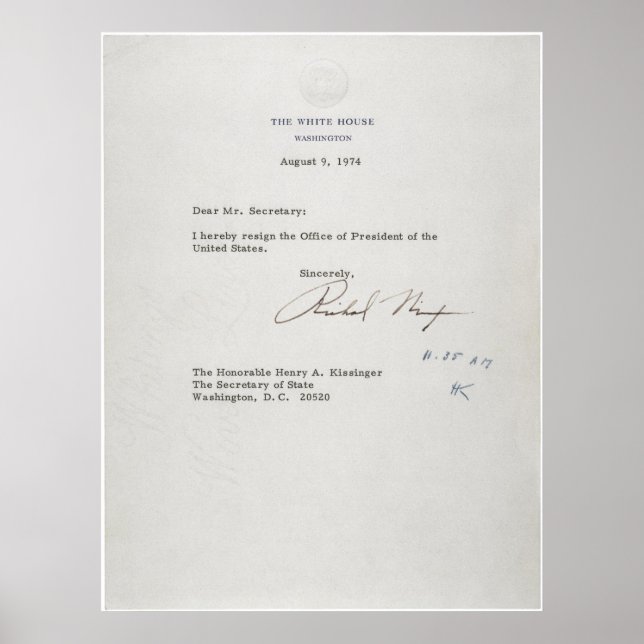 Poster Lettre de démission du Président Richard M. Nixon (Devant)