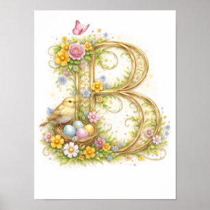 Poster Lettre de la nurserie B initiale bébé or floral