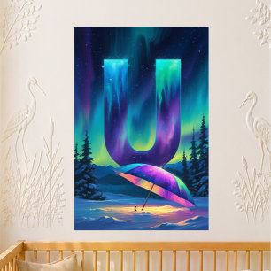 Poster Lettre de maternelle U Nom Aurores boréales Parapl