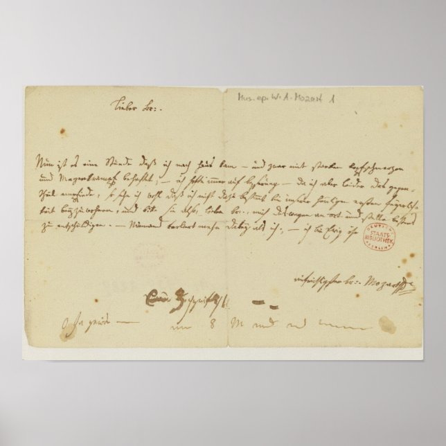 Poster Lettre de Mozart à un franc-maçon, janvier 1786 (Devant)