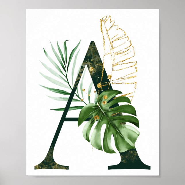Poster Lettre décorative A avec feuilles tropicaux (Devant)