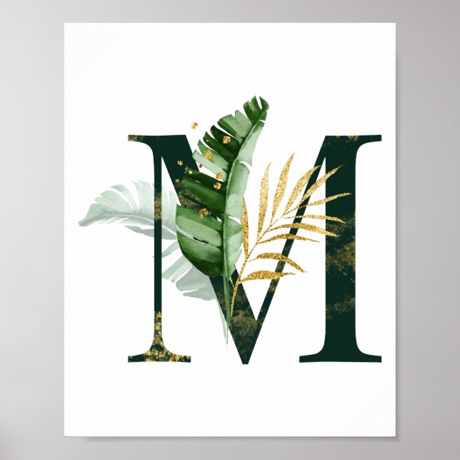 Poster Lettre décorative M avec feuilles tropicaux (Devant)