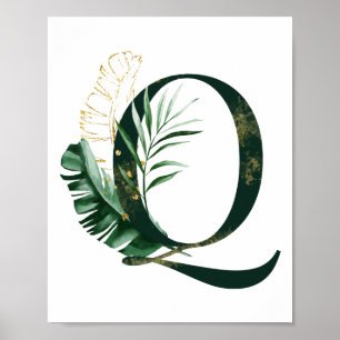 Poster Lettre décorative Q avec feuilles tropicaux