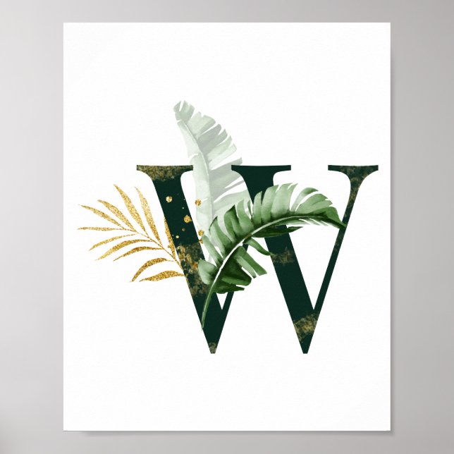 Poster Lettre décorative W avec feuilles tropicaux (Devant)