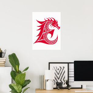 Poster Lettre E de style dragon, alphabet du dragon, mono