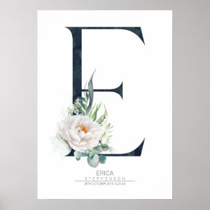 Poster Lettre E Monogramme Fleurs blanches et verdure