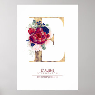 Poster Lettre E Monogramme Floral Marine Bleu et Bourgogn