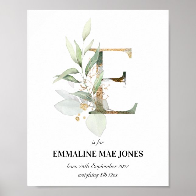 Poster Lettre E Nouveau bébé Monogramme Naissance Imprime (Devant)