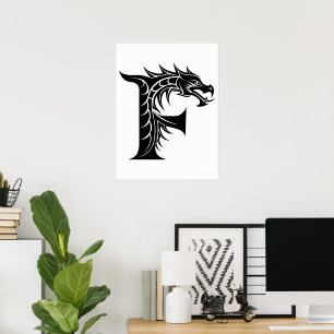 Poster Lettre F de style dragon, alphabet du dragon, mono