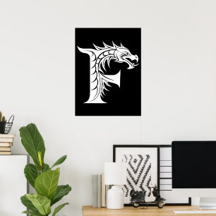 Poster Lettre F de style dragon, alphabet du dragon, mono