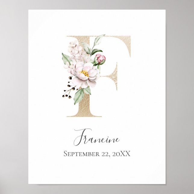 Poster Lettre F dorée Monogramme Fleurs Rose Blanc Nurser (Devant)