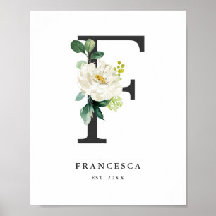 Poster Lettre F Monogram White Peonies Nursery