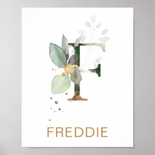Poster Lettre F Monogramme Feuillage vert et or Pépinière