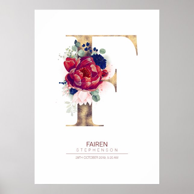 Poster Lettre F Monogramme Floral Marine Bleu et Bourgogn (Devant)