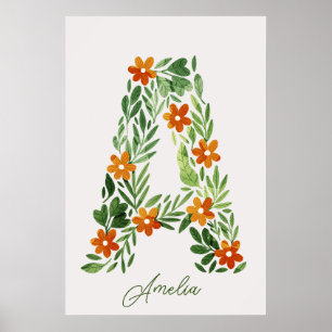 Poster Lettre florale A personnalisée avec fleurs orange