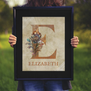 Poster LETTRE Florale E Steampunk