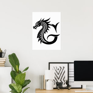 Poster Lettre G de style dragon, alphabet du dragon, mono