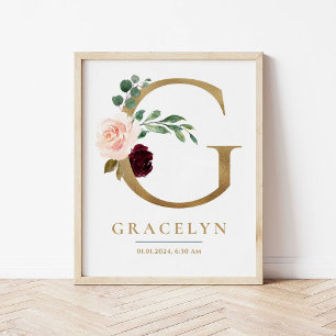 Poster Lettre G Nom du monogramme Marsala Floral Nursery